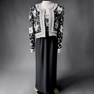 1996 Richilene NY Beaded Formal Evening Gown Jacket Set Black White Gold